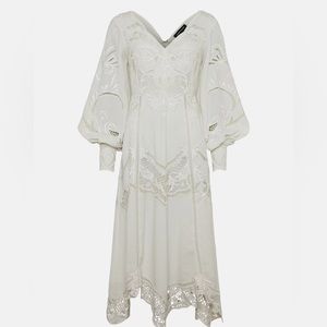 Karen Millen Cutwork Beaded Drama Sleeve Midi Dress in White, Size 8